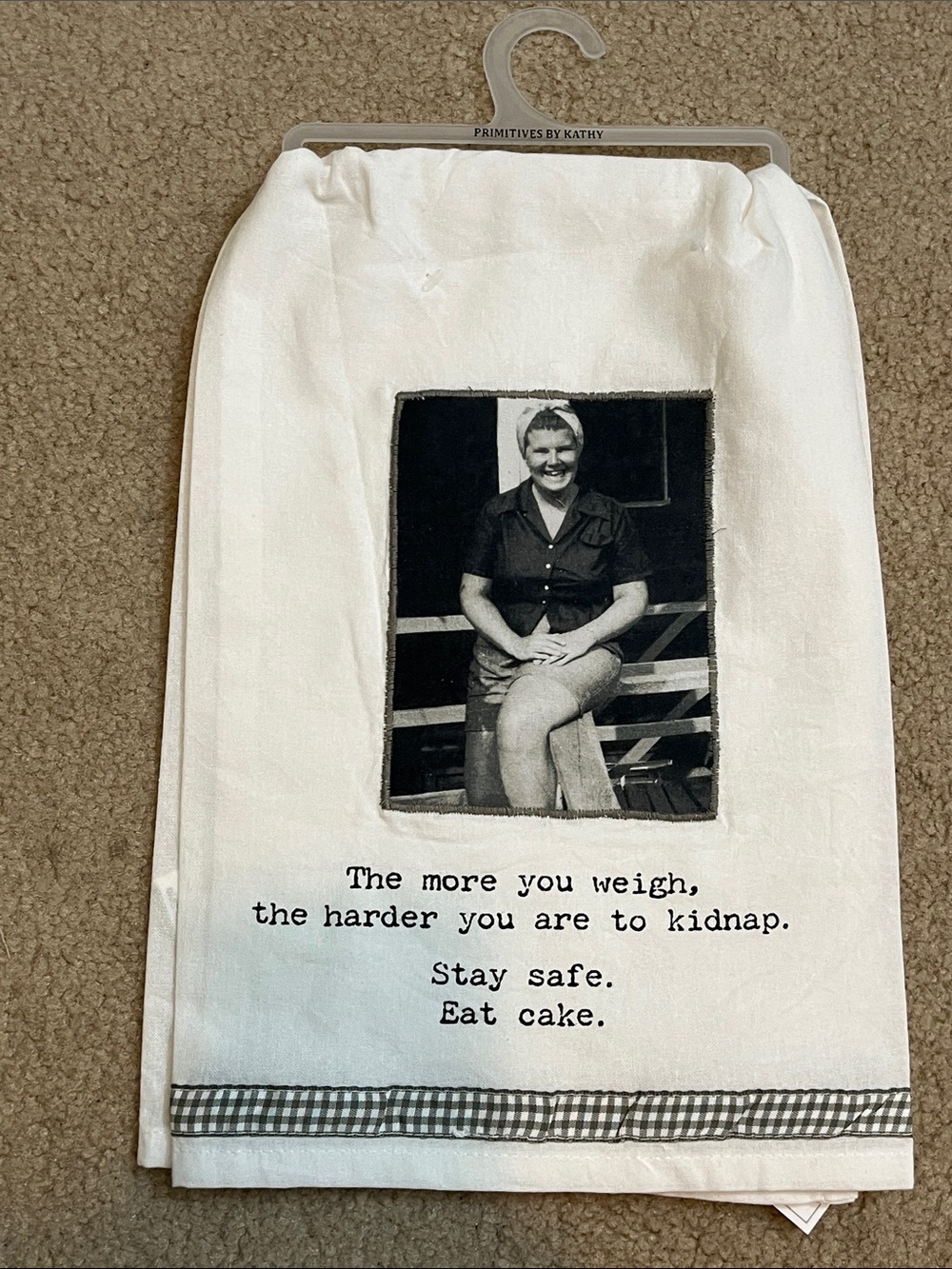 Trash Talk by Annie “Stay Safe Eat Cake” Kitchen Towel NWT  Plus-size humor